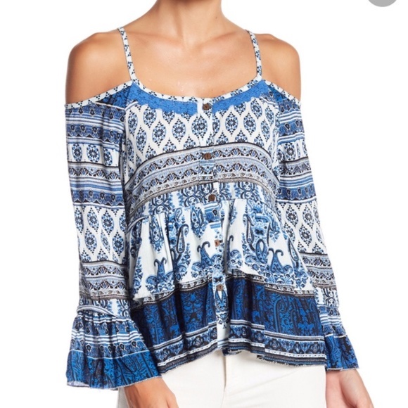 ⭐️ HOST PICK!!! Raga Boho cold shoulder blue & white flowy top empire waist M - Picture 1 of 10